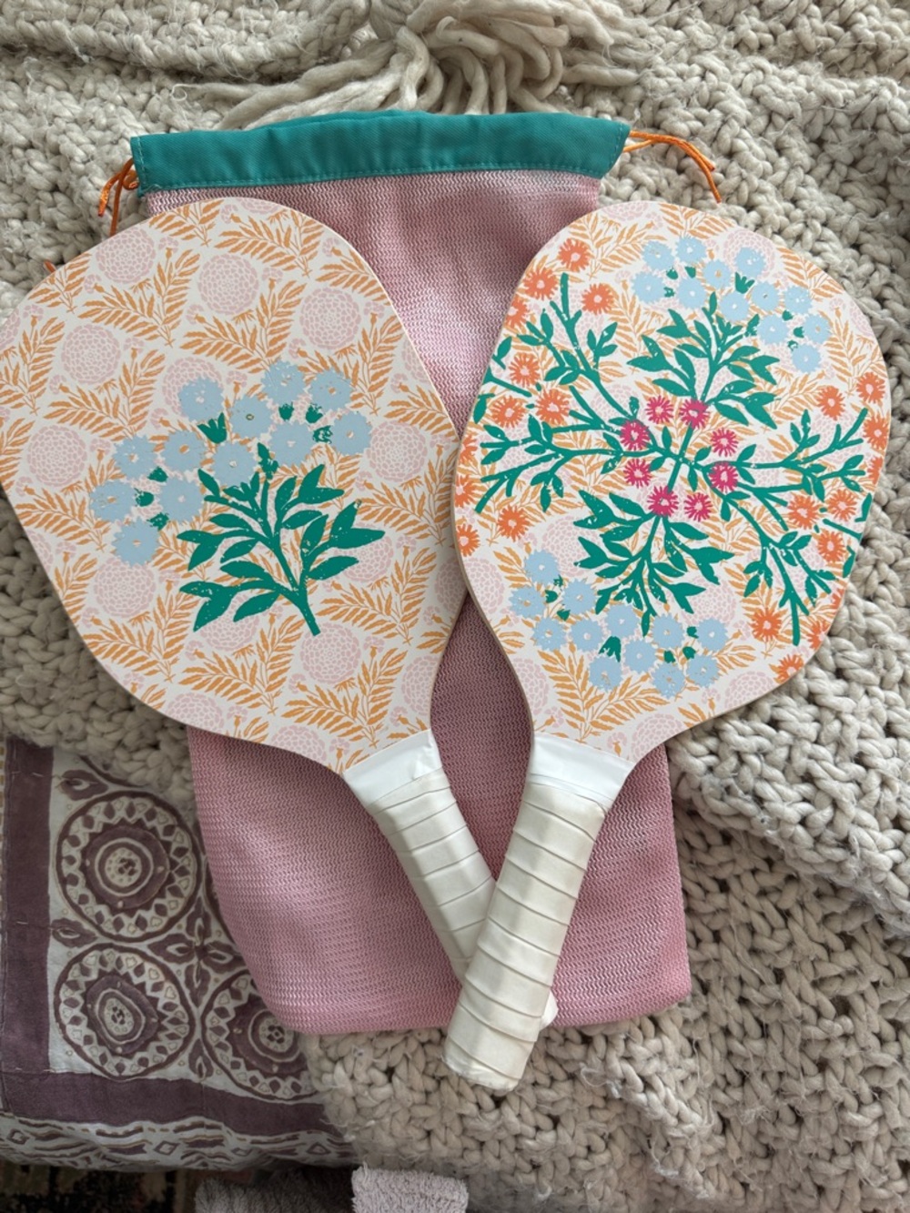Anthropologie Floral Paddle Ball Set in Teal, Peach, Pink, White